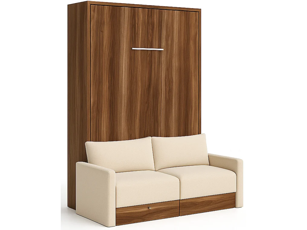 Lit escamotable vertical à tiroirs et canapé tissu VALENCIA-90x190-Canapé Beige-Structure Noyer