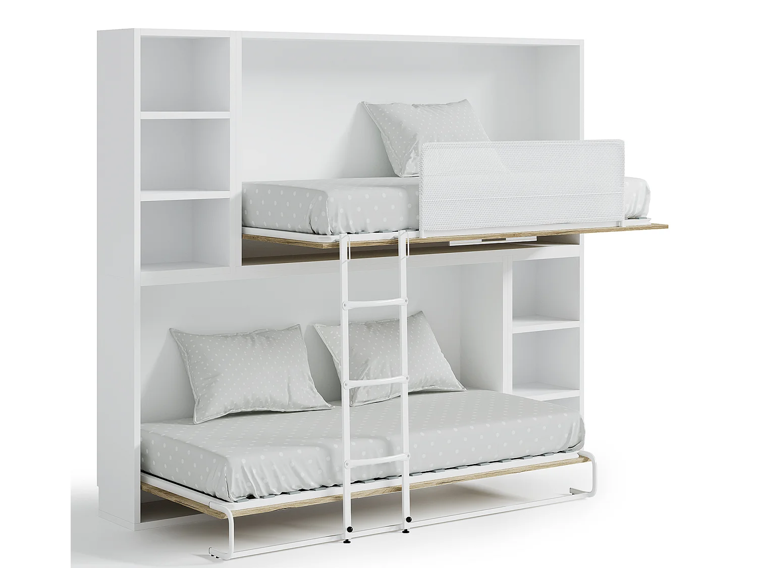 Lit escamotable superposé horizontal avec étagères BINKA-80x180-Cadre Blanc-Façade Blanche