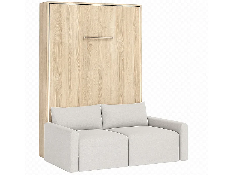 Lit escamotable vertical avec canapé tissu VALENCIA-90x190-Canapé Beige-Structure Chêne clair