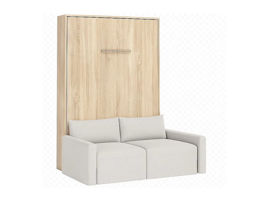 Lit escamotable vertical avec canapé tissu VALENCIA-90x190-Canapé Beige-Structure Chêne clair