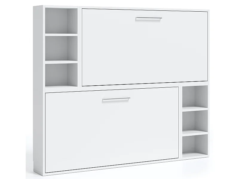 Lit escamotable superposé horizontal avec étagères BINKA-2 matelas-80x190-Cadre Blanc-Façade Blanche