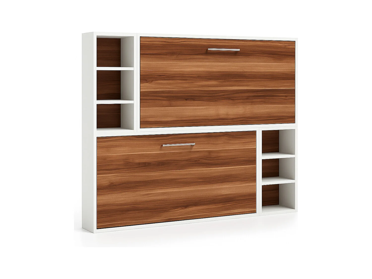 Lit escamotable superposé horizontal avec étagères BINKA-2 matelas-90x180-Cadre Blanc-Façade Noyer