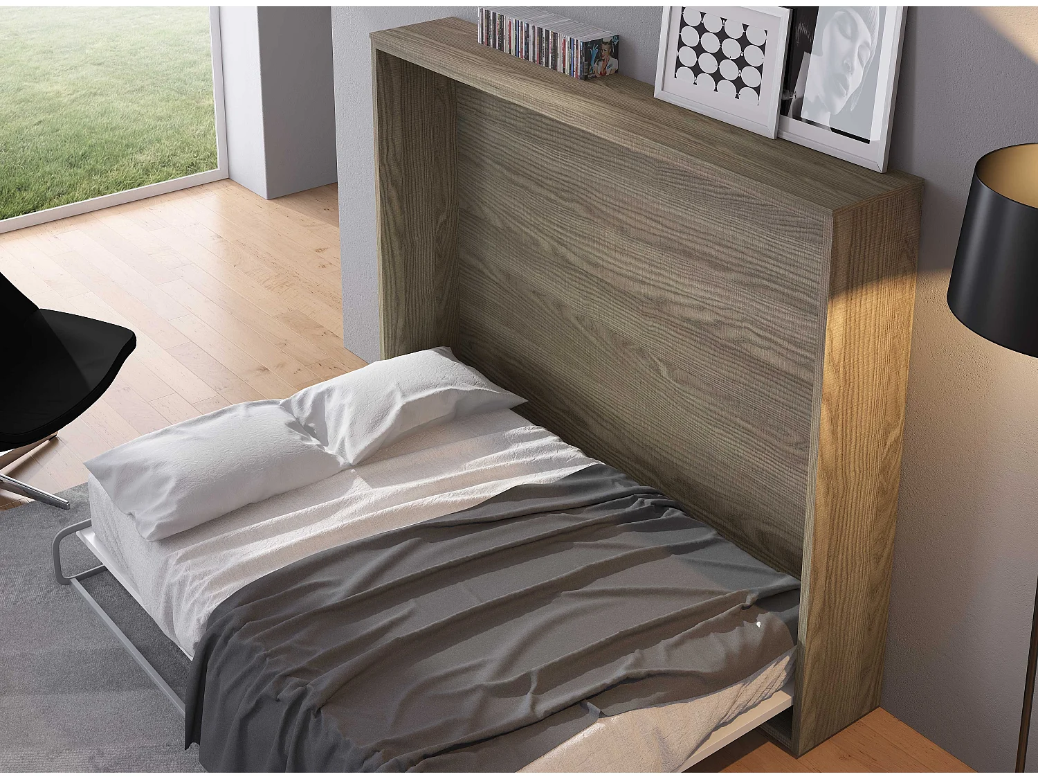 Lit escamotable horizontal 160x200 KLIKA-Avec matelas-Encadrement Carbone-Façade Carbone