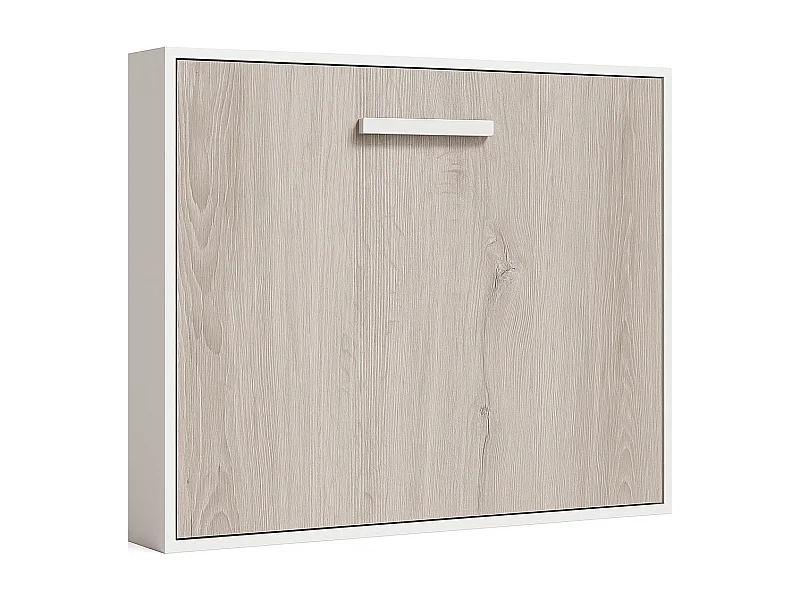 Lit escamotable horizontal OPTIMA-Avec matelas-140x190-Cadre Blanc-Façade Chêne gris