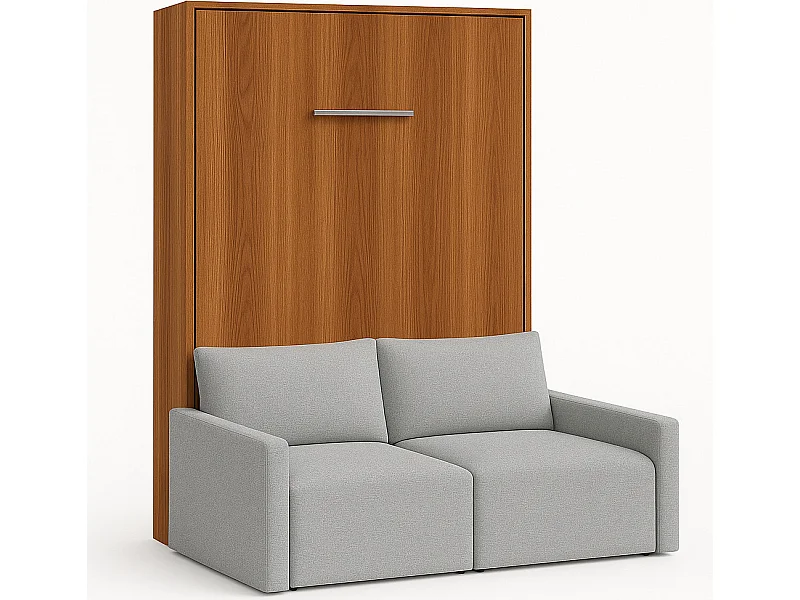 Lit escamotable vertical avec canapé tissu VALENCIA-Avec matelas-140x190-Canapé Gris clair-Structure Noyer