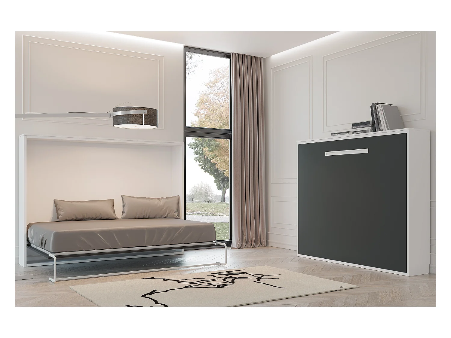 Lit escamotable horizontal OPTIMA-90x200-Cadre Blanc-Façade Chêne clair