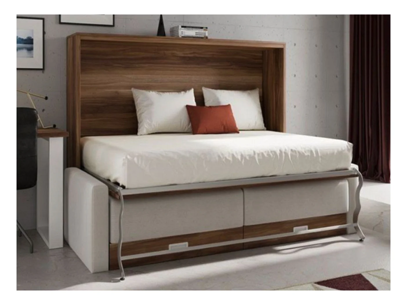 Lit escamotable horizontal avec canapé VETAL-120x190-Canapé Beige-Structure Noyer