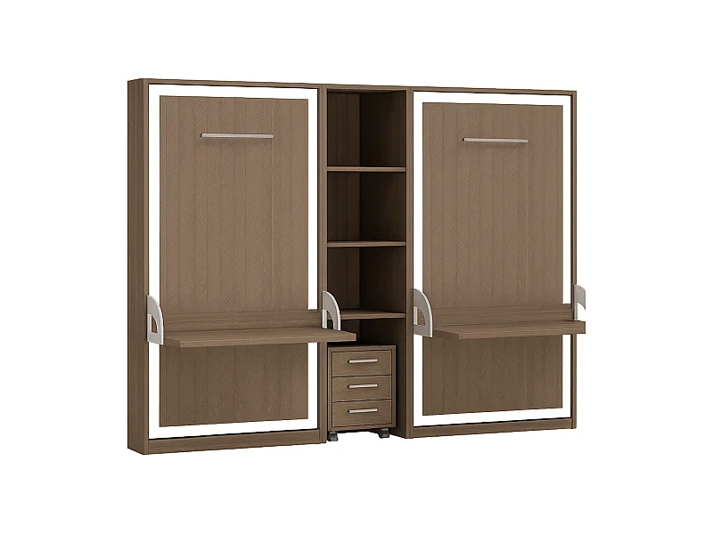 2 lits escamotables 90x190 avec bureau et étagère centrale STUDANTE-Façade Chêne brun