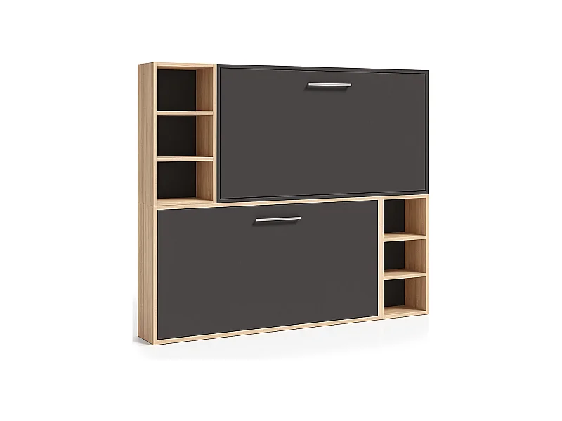 Lit escamotable superposé horizontal avec étagères BINKA-80x180-Cadre Chêne clair-Façade Anthracite