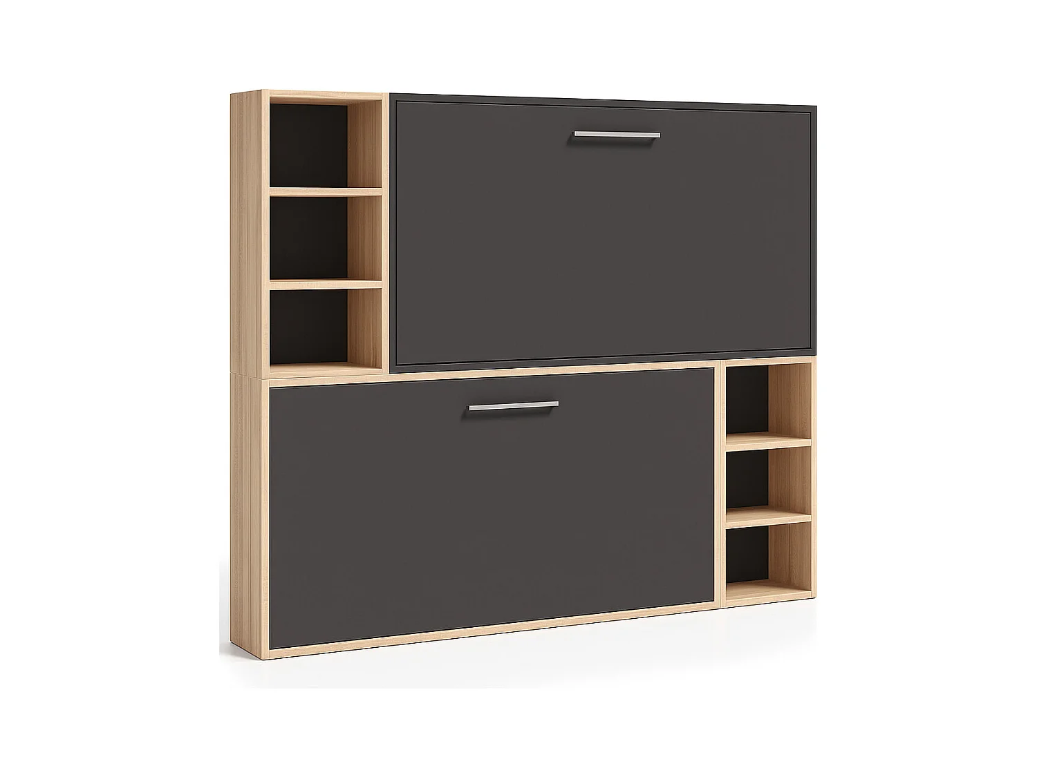 Horizontaal stapelbed voor 2 personen 80x200 met planken Binka-Zonder matras-Slapen 80x180cm-Bekisting Licht eiken-Facade Houtskool grijs