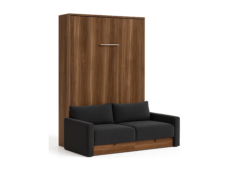 Lit escamotable vertical à tiroirs et canapé tissu VALENCIA-Avec matelas-140x190-Canapé Gris foncé-Structure Noyer