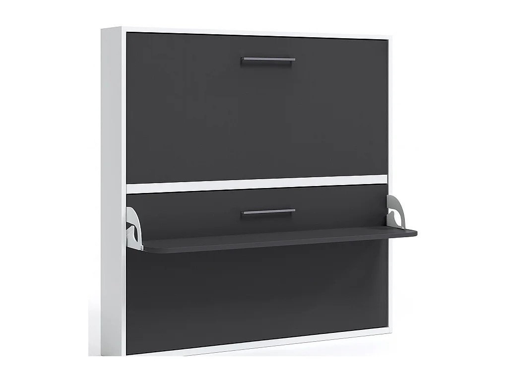 Lit escamotable horizontal superposé 90x200 STUDIO-2 matelas-Encadrement Blanc-Façade Anthracite