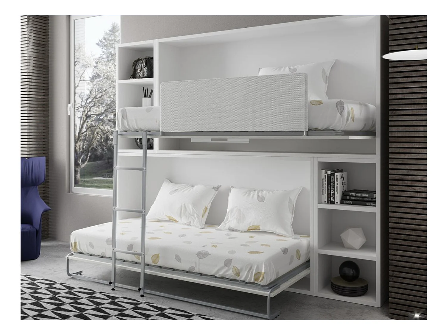 Lit escamotable superposé horizontal avec étagères BINKA-90x180-Cadre Vintage-Façade Vintage