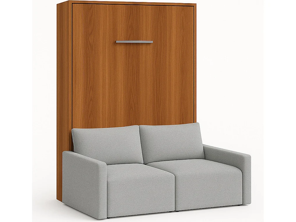 Lit escamotable vertical avec canapé tissu VALENCIA-90x190-Canapé Gris clair-Structure Noyer