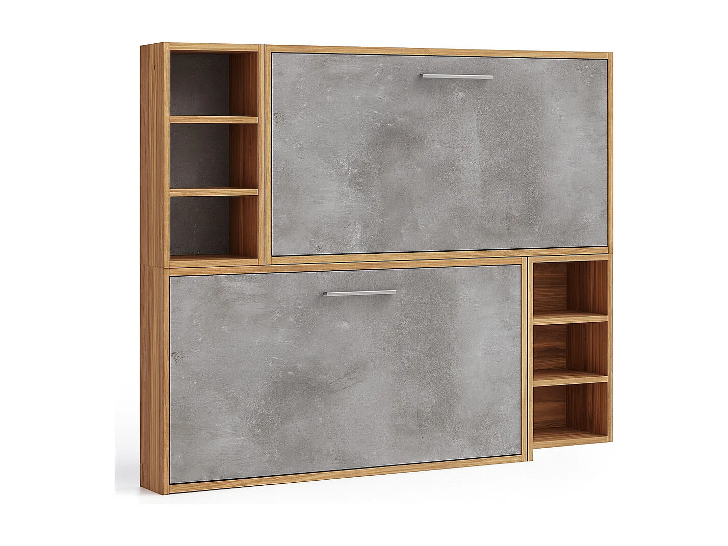 Lit escamotable superposé horizontal avec étagères BINKA-2 matelas-90x200-Cadre Chêne clair-Façade Gris ciment