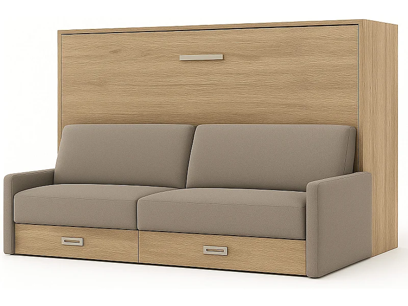 Lit escamotable horizontal avec canapé VETAL-140x200-Canapé Beige-Structure Chêne clair