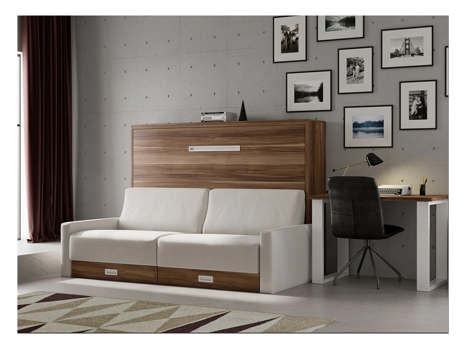 Lit escamotable horizontal avec canapé VETAL-140x200-Canapé Beige-Structure Chêne clair