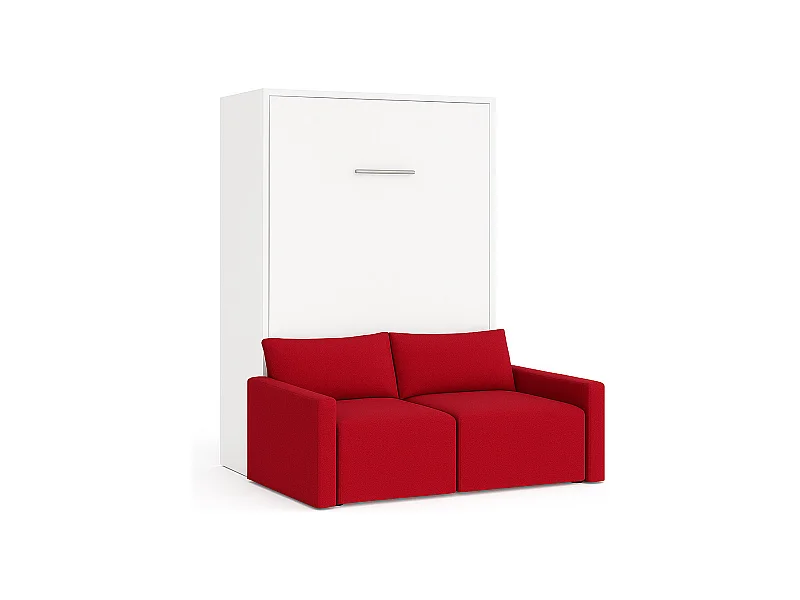 Lit escamotable vertical avec canapé tissu VALENCIA-140x190-Canapé Rouge-Structure Blanche