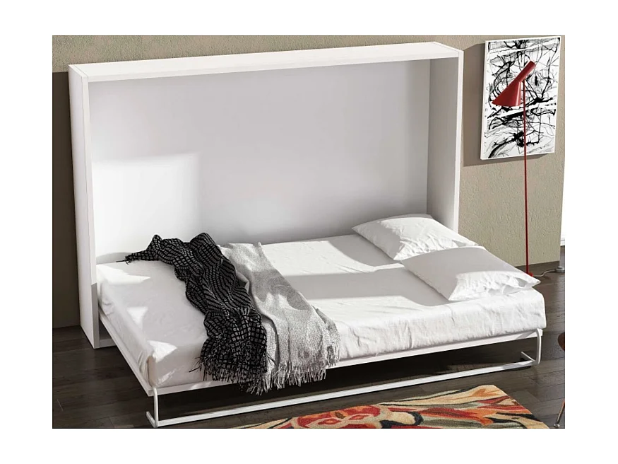 Lit escamotable horizontal OPTIMA-Avec matelas-80x190-Cadre Blanc-Façade Gris ciment