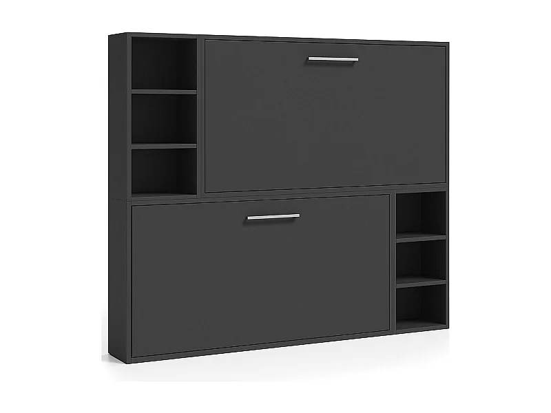 Litera abatible horizontal para 2 personas 80x200 con estantes Binka-2 colchones-Ropa de cama 90x200 cm-Encofrado Gris antracita-Frente Gris antracita