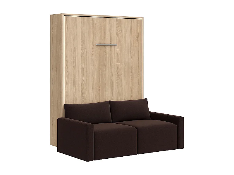 Lit escamotable vertical avec canapé tissu VALENCIA-Avec matelas-90x190-Canapé Marron-Structure Chêne clair
