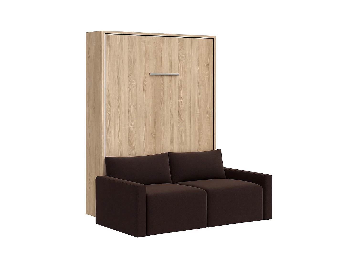 Cama Murphy vertical con sofá Valencia de alta gama-Con colchón-Ropa de cama 90x190 cm-Sofá Marrón oscuro-Estructura y fachada Roble claro