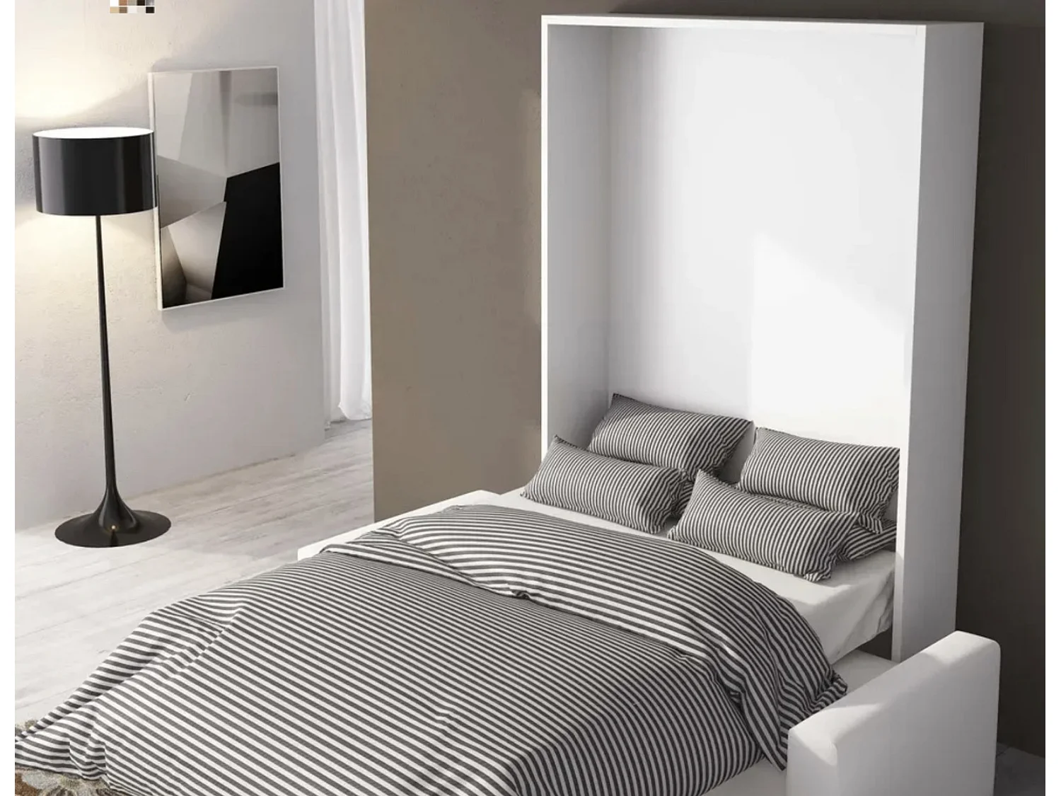 Lit escamotable vertical avec canapé tissu VALENCIA-Avec matelas-90x190-Canapé Marron-Structure Chêne clair