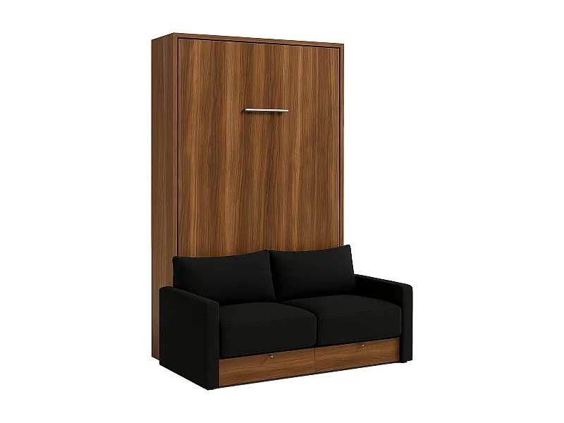 Cama vertical Valencia con sofá y cajones Gama alta-Ropa de cama 160x200 cm-Sofá Negro-Estructura y fachada Nogal