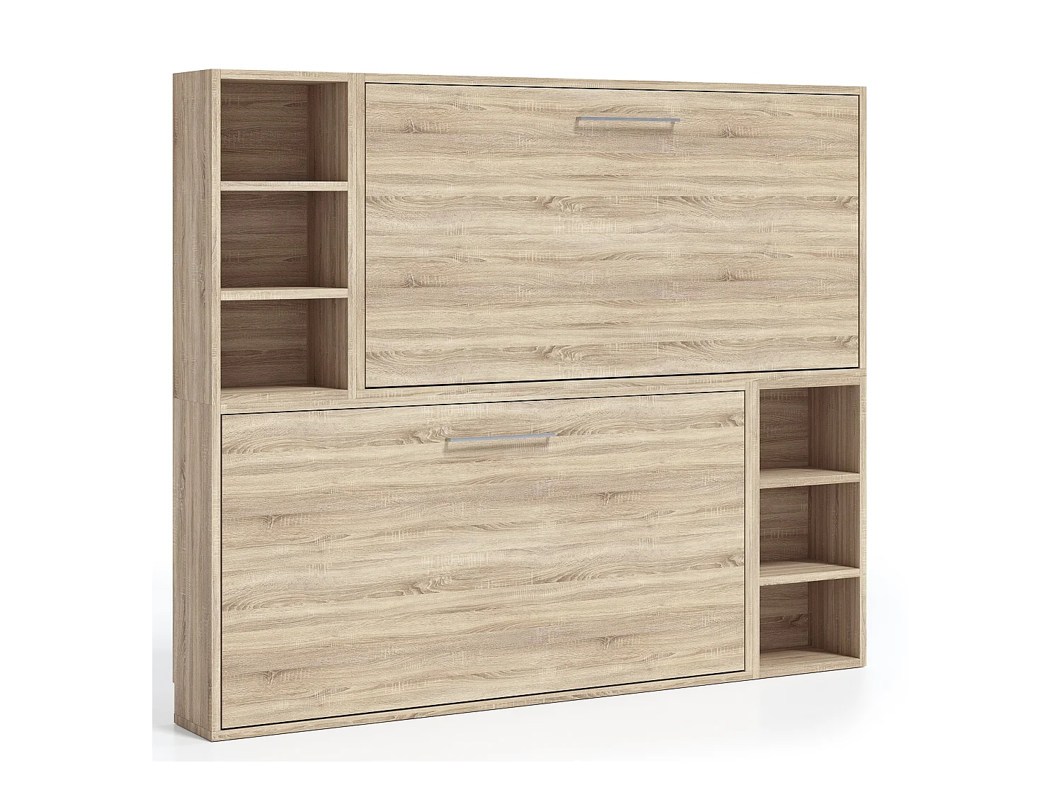 Lit escamotable superposé horizontal avec étagères BINKA-80x180-Cadre Chêne clair-Façade Chêne clair