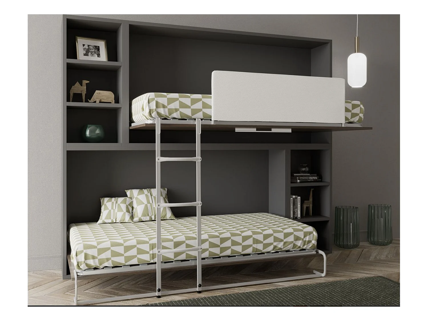 Lit escamotable superposé horizontal avec étagères BINKA-80x180-Cadre Chêne clair-Façade Chêne clair