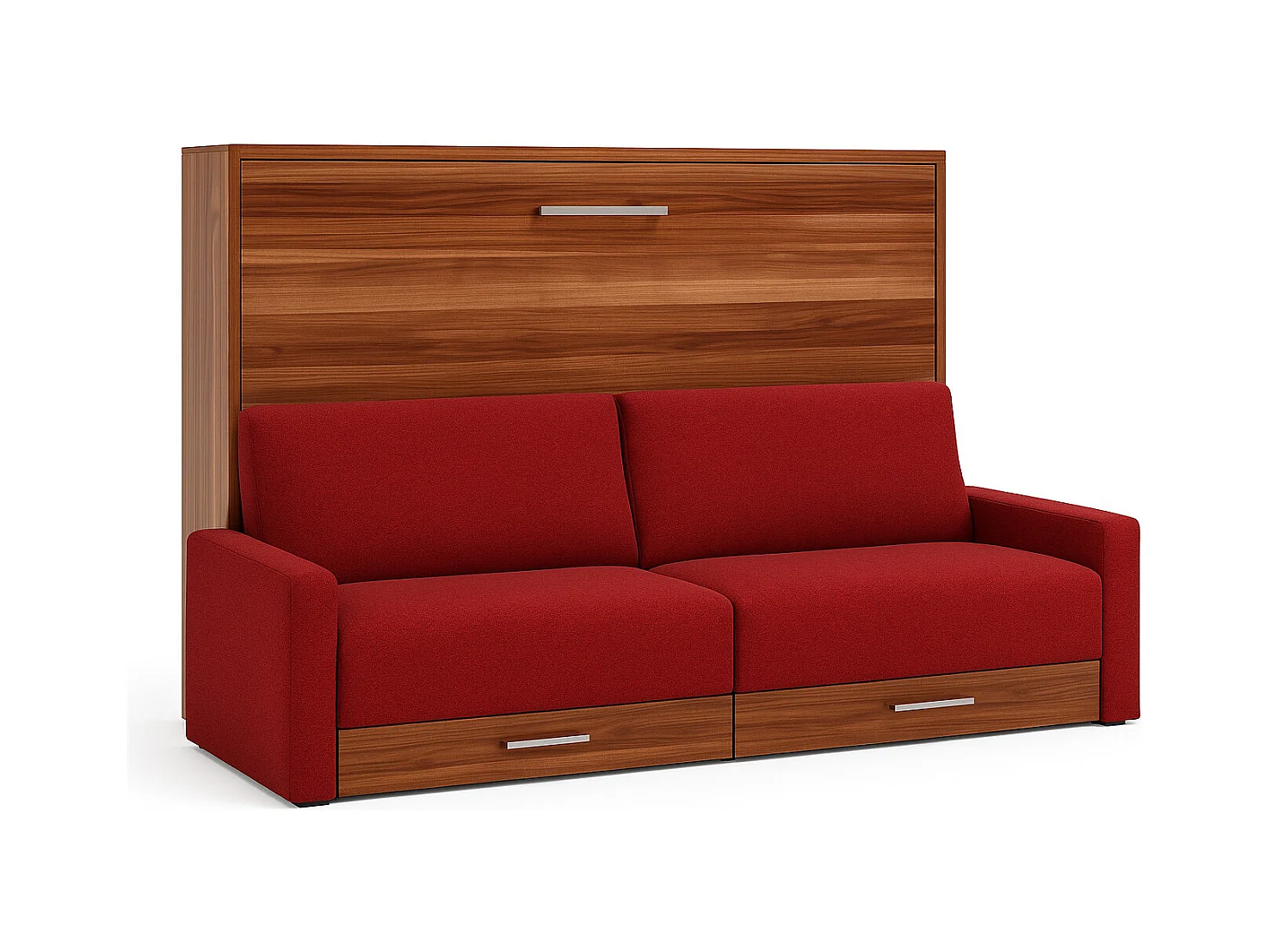 Lit escamotable horizontal avec canapé VETAL-140x200-Canapé Rouge-Structure Noyer