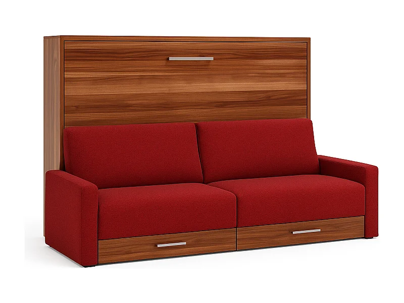 Horizontaal opklapbed met Vetal bank-Slapen 140x200cm-Bank Rood-Structuur en gevel Okkernoot