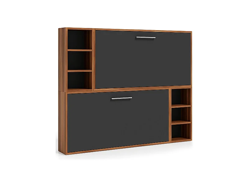Lit escamotable superposé horizontal avec étagères BINKA-2 matelas-90x180-Cadre Noyer-Façade Anthracite