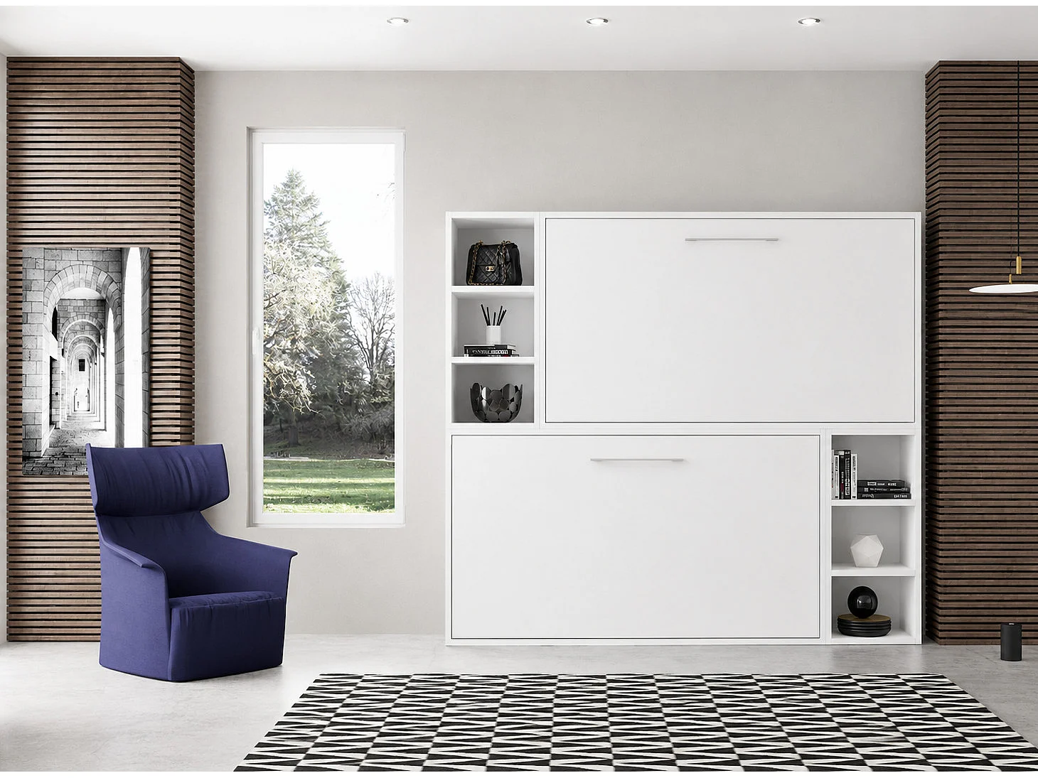 Lit escamotable superposé horizontal avec étagères BINKA-80x200-Cadre Taupe-Façade Taupe