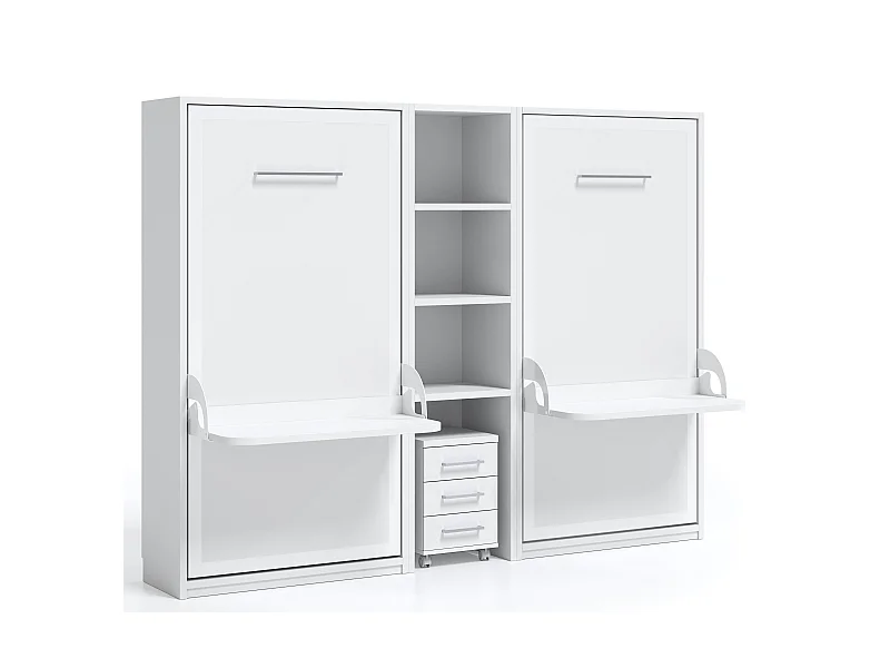 2 lits escamotables 140x190 avec bureau et étagère centrale Studante-Façade Chêne blanc