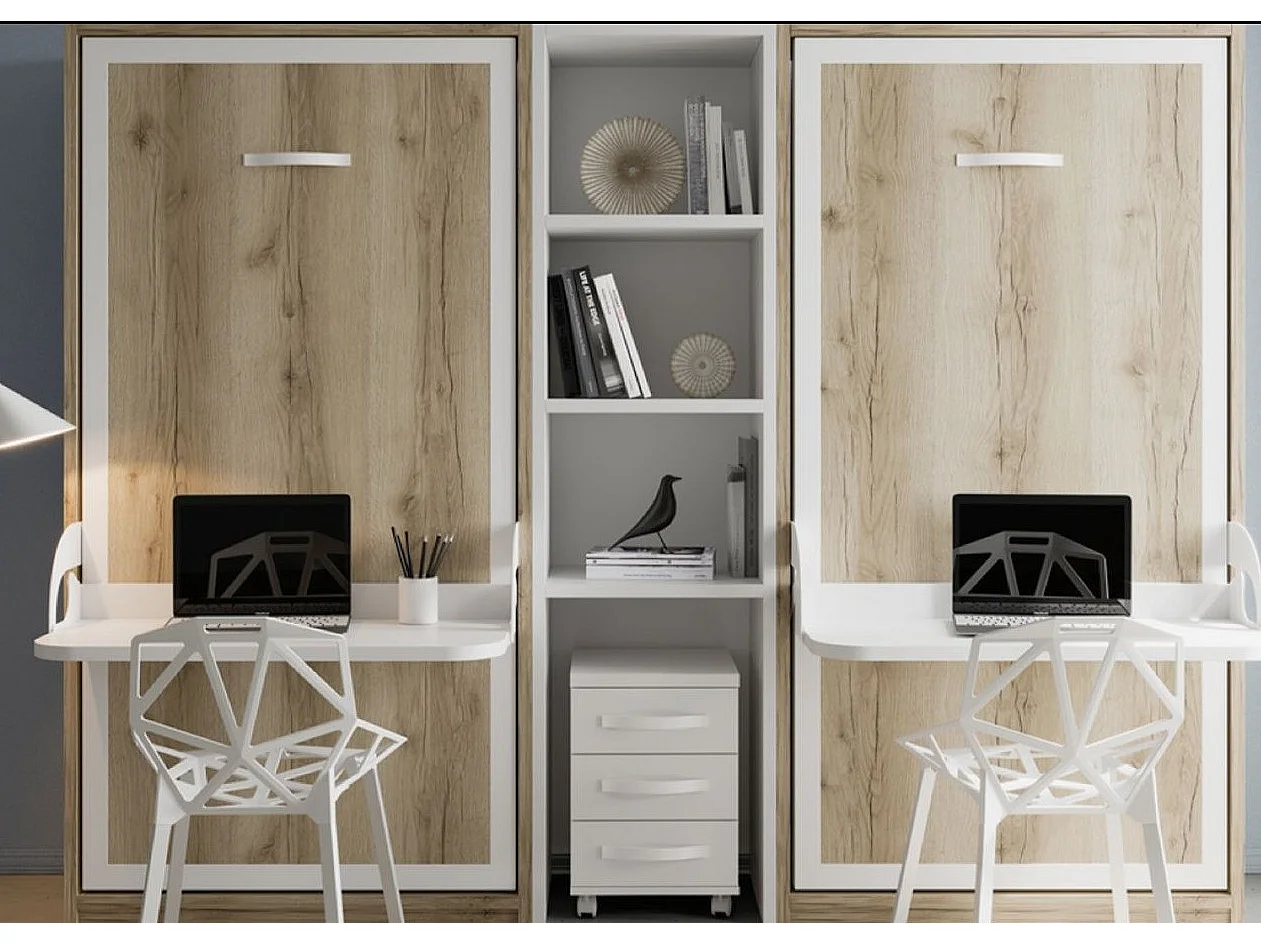 2 lits escamotables 140x190 avec bureau et étagère centrale Studante-Façade Chêne blanc