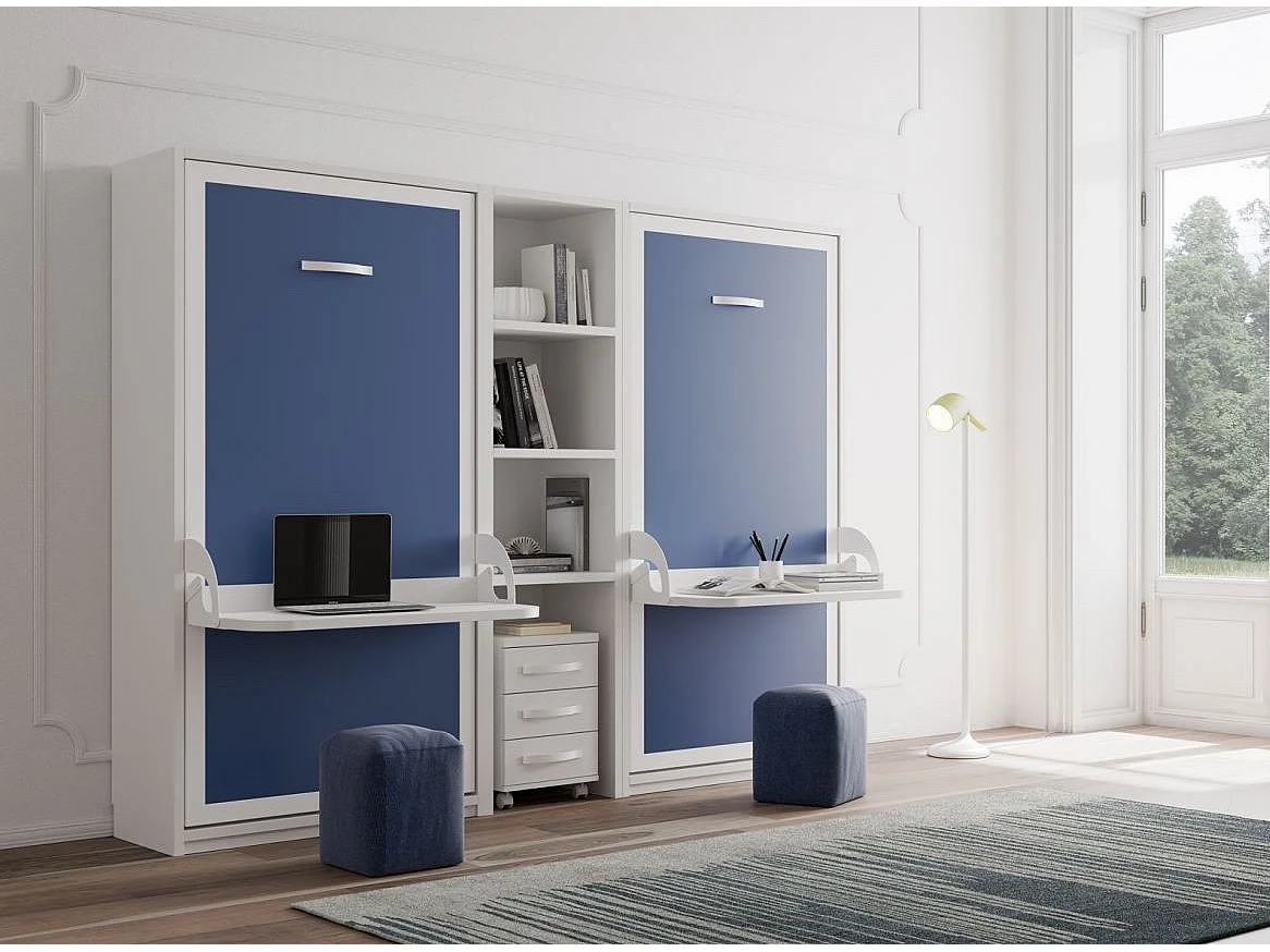 2 lits escamotables 140x190 avec bureau et étagère centrale Studante-Façade Chêne blanc