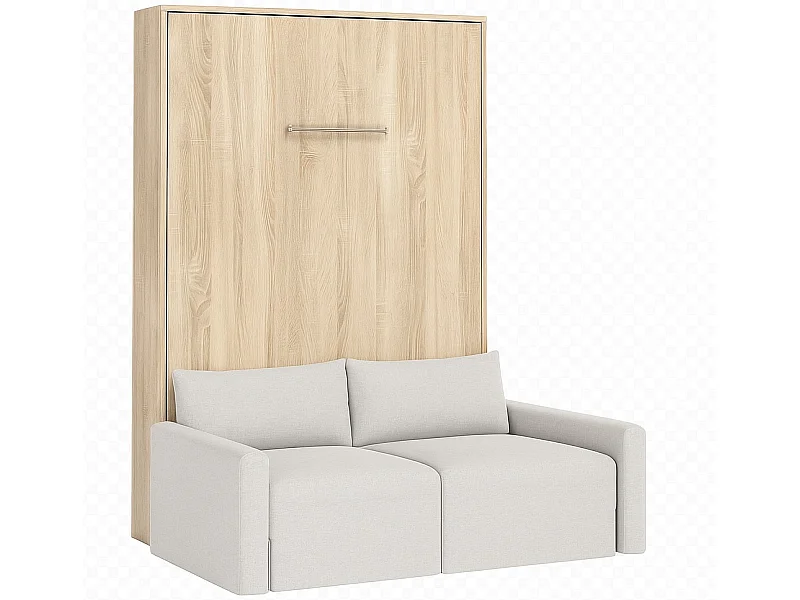 Lit escamotable vertical avec canapé tissu VALENCIA-Avec matelas-80x180-Canapé Beige-Structure Chêne clair