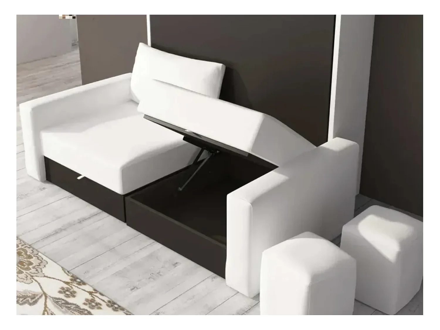 Cama vertical Valencia con sofá y cajones Gama alta-Con colchón-Ropa de cama 160x200 cm-Sofá Gris claro-Estructura y fachada Blanche