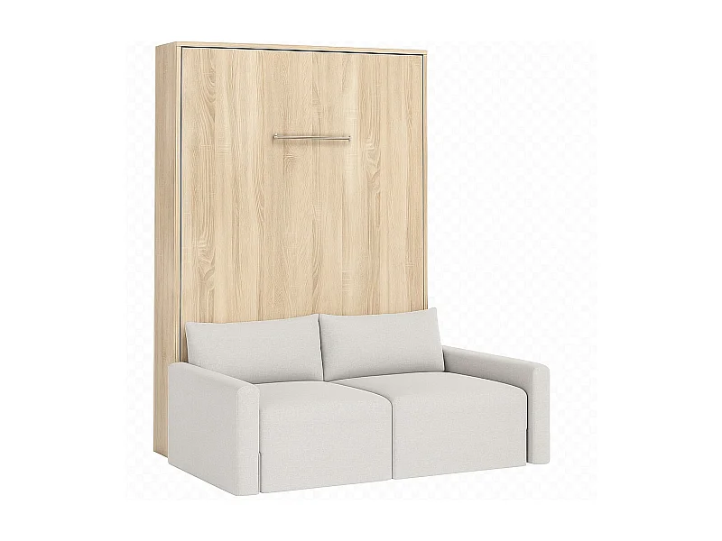 Lit escamotable vertical avec canapé tissu VALENCIA-80x180-Canapé Beige-Structure Chêne clair