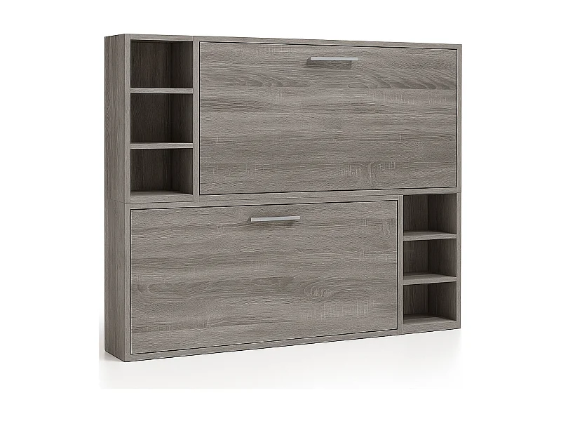 Lit escamotable superposé horizontal avec étagères BINKA-80x200-Cadre Vintage-Façade Vintage