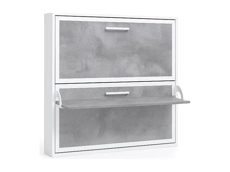 Lit escamotable horizontal superposé 90x190 STUDIO-Encadrement Blanc-Façade Ciment