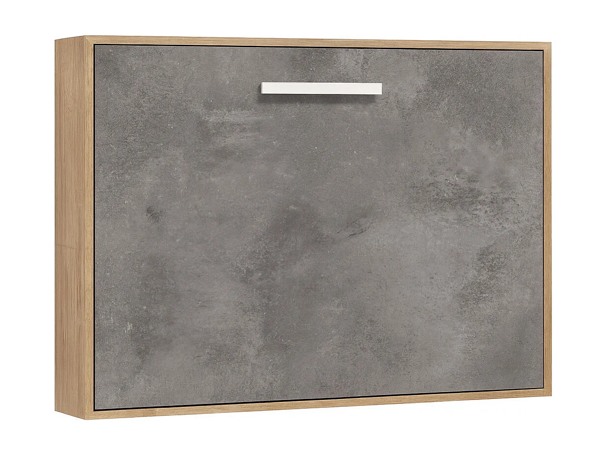 Lit escamotable horizontal OPTIMA-Avec matelas-140x190-Cadre Chêne clair-Façade Gris ciment