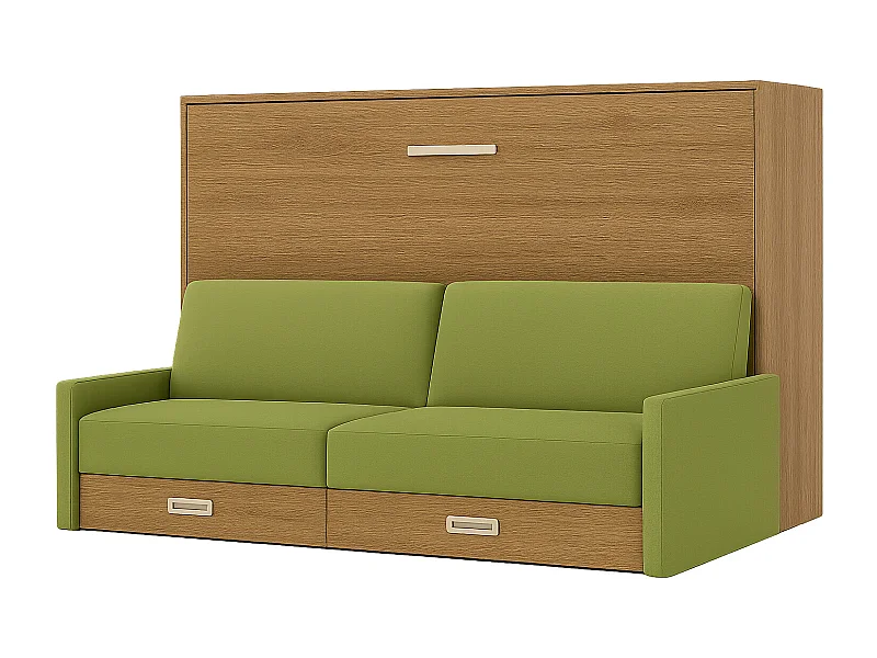 Lit escamotable horizontal avec canapé VETAL-160x200-Canapé Vert pistache-Structure Chêne clair