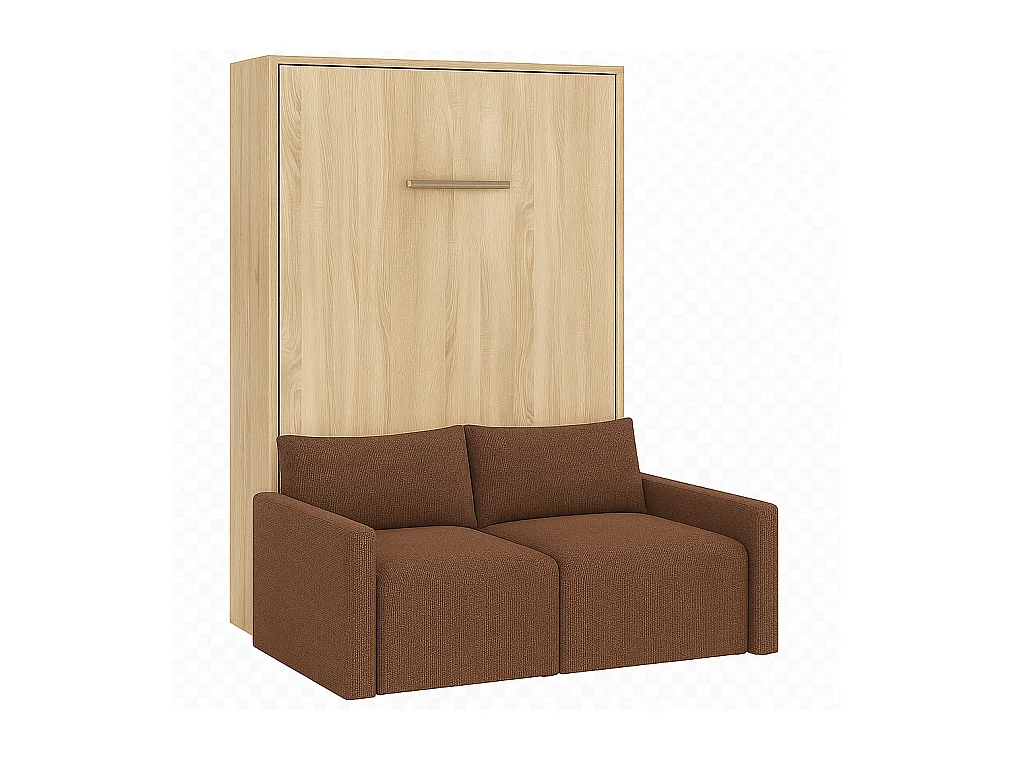 Lit escamotable vertical avec canapé tissu VALENCIA-Avec matelas-140x190-Canapé Camel-Structure Chêne clair