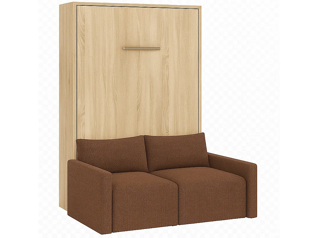 Lit escamotable vertical avec canapé tissu VALENCIA-Avec matelas-140x190-Canapé Camel-Structure Chêne clair