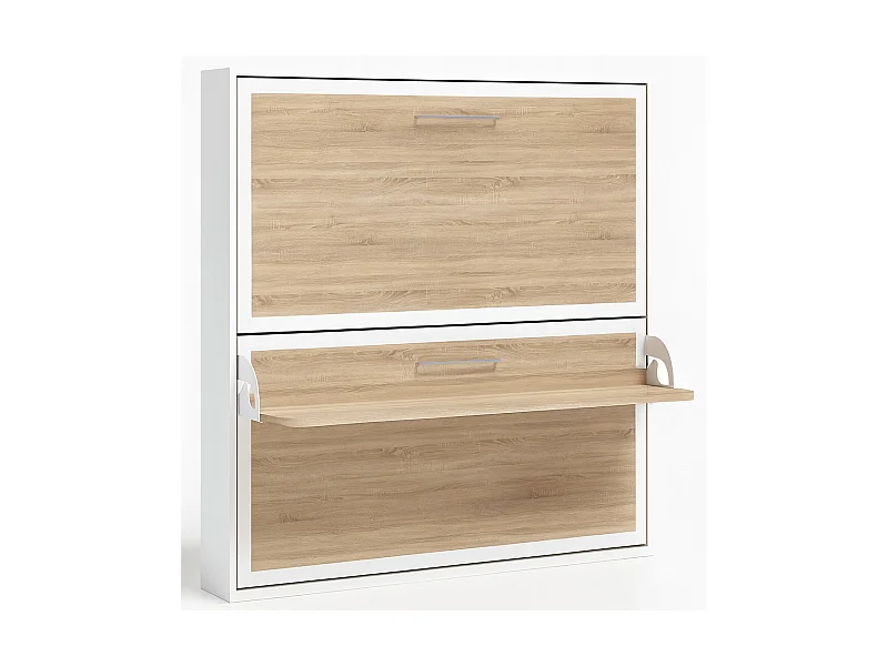 Lit escamotable horizontal superposé 90x200 STUDIO-Encadrement Blanc-Façade Chêne clair