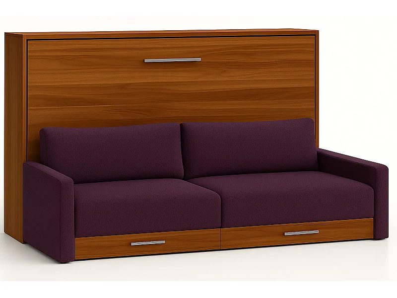 Cama abatible horizontal con sofá Veta-Ropa de cama 140x200 cm-Sofá Violeta-Estructura y fachada Nogal