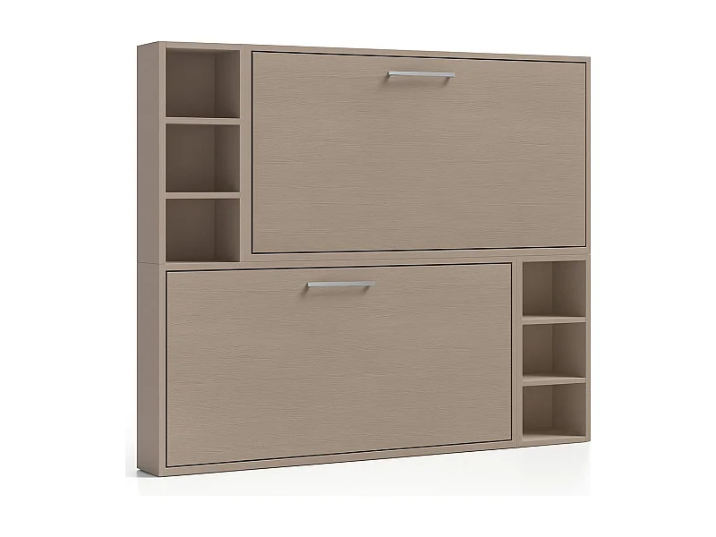 Lit escamotable superposé horizontal avec étagères BINKA-90x190-Cadre Taupe-Façade Taupe