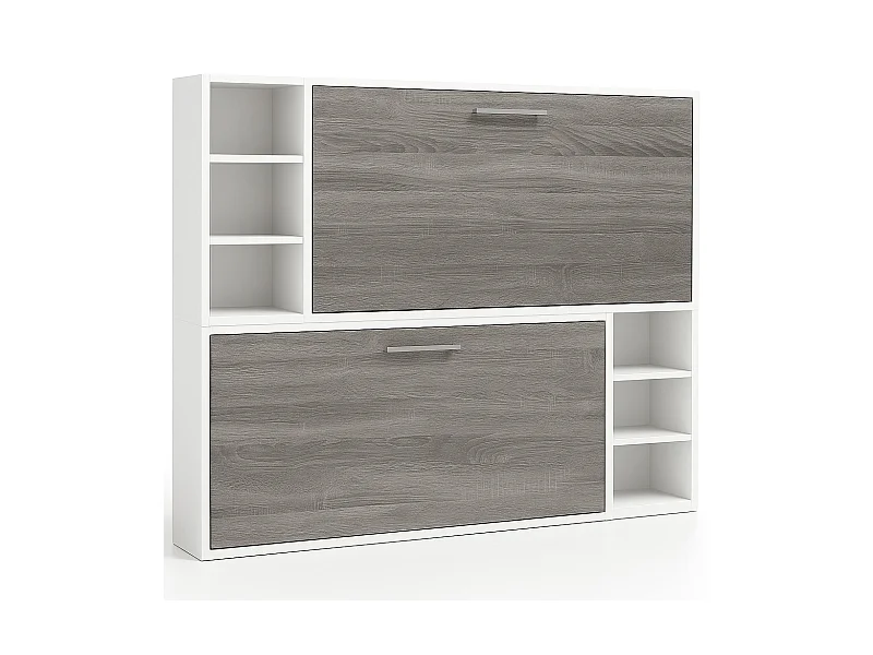 Lit escamotable superposé horizontal avec étagères BINKA-80x190-Cadre Blanc-Façade Vintage